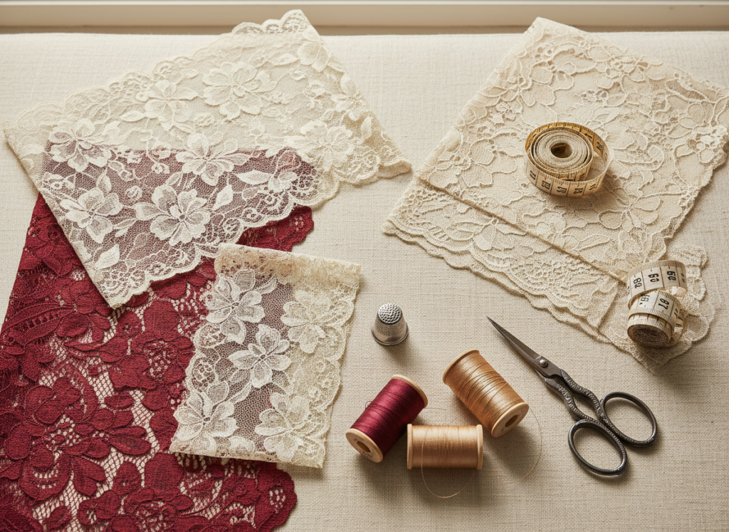 Fabric swatches and thread spools